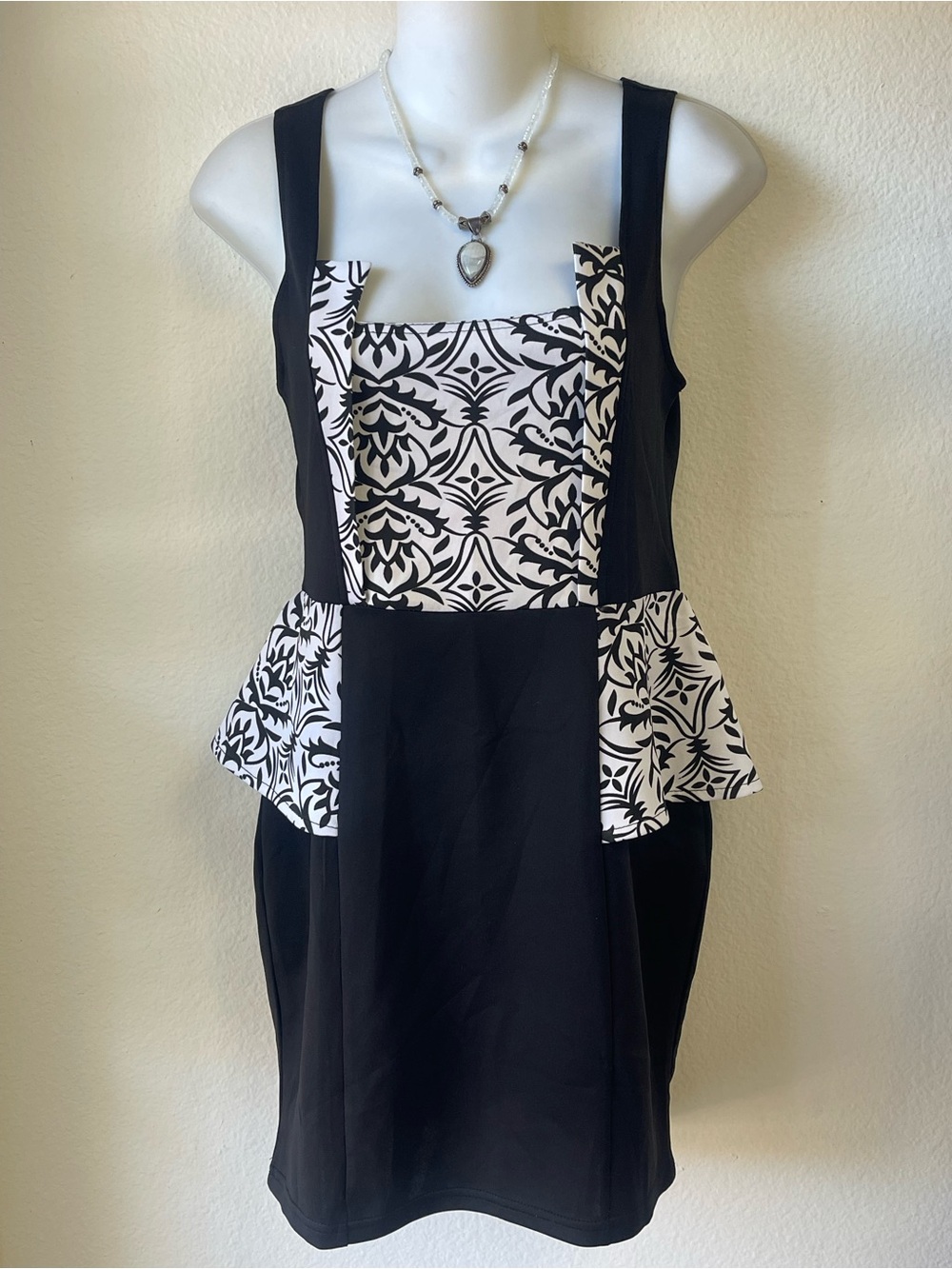 Black and White Patterned Peplum Dress